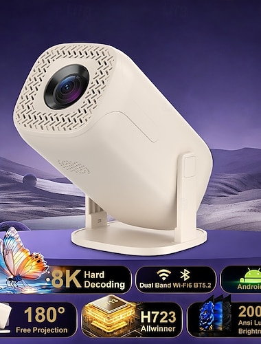  Chytrý projektor s Androidem 14, Wi-Fi 6, Bluetooth 5.2, přenosný projektor s otočením o 180°, dekódování 8K, 200 ANSI lumenů, filmový projektor pro domácnost, venkovní použití, TV Stick, iOS,