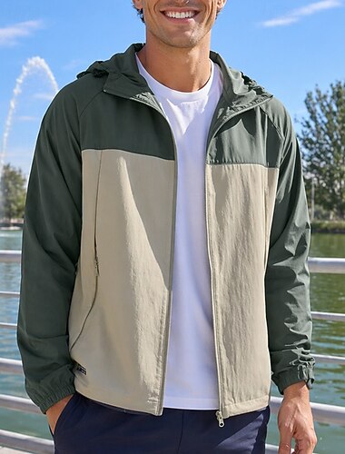  Hombre Bloque de color Chaqueta para correr Chaqueta para exteriores Chaqueta con capucha Verano Primavera Otoño Bolsillo Full Zip Manga Larga Protección Solar Resistente al Viento Ligero Transpirable