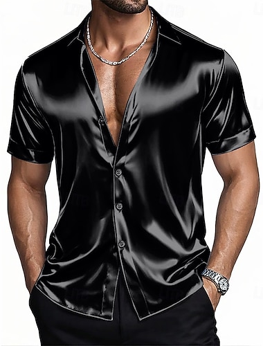  Per uomo Camicia Camicia in raso Camicia elegante Tinta unica Casuale Quotidiano Blu chiaro Nero Bianco Vino Manica Corta Collo ripiegato Estate Abbigliamento Puro