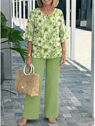  Dame Buksesett 3/4 ermer Rund hals Blomstret Grafisk Elegant Ferie Avslappet Daglig Feriereise Blå Rød Lilla Sommer Normal