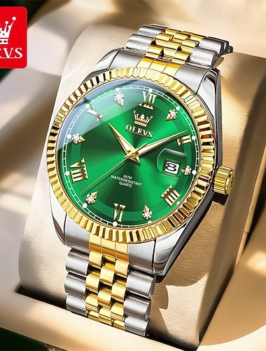  Pánské luxusní hodinky olevs, klasické zelené ciferníky, dvoubarevné stříbrné zlaté, nerezová ocel, vodotěsné quartzové náramkové hodinky s datumovkou, luminiscenční ručičky, business, společenské,