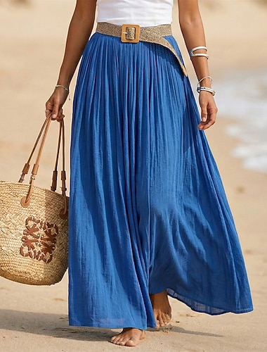  Damen Urlaubsrock Rock aus Leinenimitat Mode Lässig Lang Sommer Maxi Hohe Taille Röcke Einfach Gerafft Fließend Dehnbar Täglich Strand Blau Apfel Grün Kastanienbraun Zitronengelb Sommer 100% Polyester