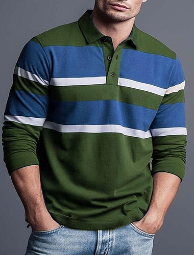  Voor heren Horizontale stroken Rugbypolo Lange mouw Poloshirt Overhemden met kraag Sportkleding Casual Buiten School Sportkleding 3D-afdrukken Knop Lente Herfst Winter blauw Rood Bruin