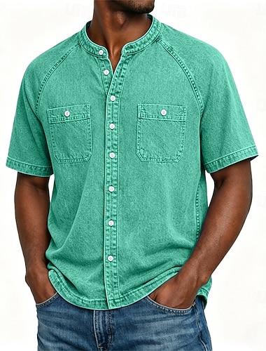  Herren Hemd Freizeithemd Verblasstes Hemd Stückgefärbt Hemd aus 100 % Baumwolle in Säurewaschung Schwarz Hellgrün Rosa Marineblau Purpur Kurzarm Einfach Großvaterkragen Lässig Täglich Fronttasche