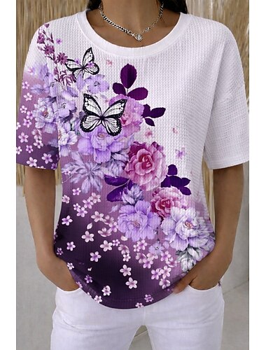  Γυναικεία Βάφλα μπλουζάκι Μπλουζάκια με πλέξιμο υφή Καλοκαιρινές κορυφές Γραφική Γεωμετρικό Στυλάτο Κλασσικό Κοντομάνικο Στρογγυλή Ψηλή Λαιμόκοψη Στρογγυλή Λαιμόκοψη Κανονικά μπλουζάκια Causal