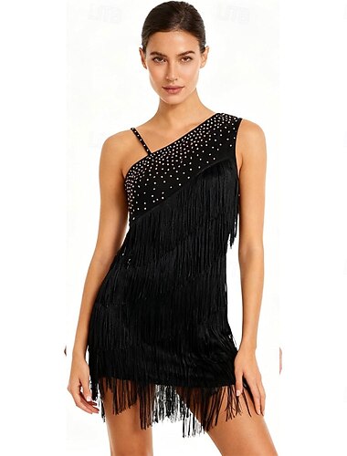  Robe de danse latine noire pour femme - mini-jupe asymétrique à franges et strass pour salsa, cha-cha et samba