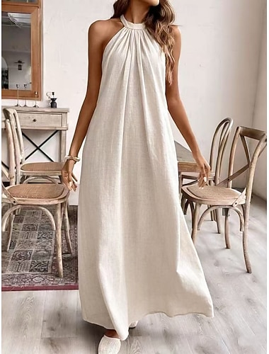  فستان ماكسي نسائي من القطن والكتان الصناعي، فستان صيفي فضفاض، فستان يومي غير رسمي، تصميم سادة بدون أكمام، بياقة هالتر، متوفر بألوان الأسود والأبيض والأصفر والبنفسجي، مناسب لفصلي الربيع والصيف.