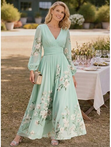  女性用 マキシドレス シフォンドレス 花柄ドレス プリントドレス エレガント ファッション 近代の アウトドア バケーション 祝日 レギュラー フラワー 長袖 Ｖネック ライトグリーン ピンク ネービーブルー グリーン 夏 春