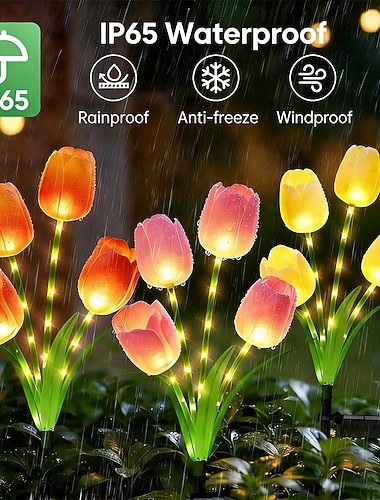  2 Stück wasserdichte LED-Tulpenleuchten mit Solarbetrieb (IP65) für den Außenbereich, 4-flammig, dekorativ für Garten, Hof, Rasen, Wege, Blumenbeete und als stimmungsvolle Landschaftsbeleuchtung für