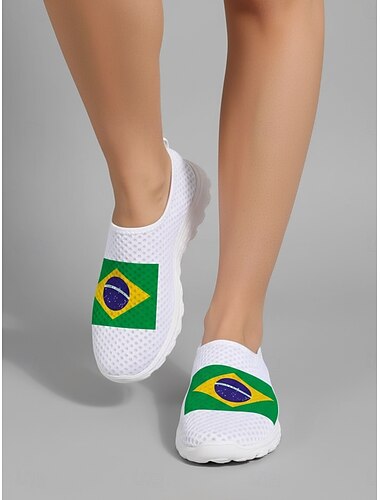 Instapsneakers voor dames met Braziliaanse vlagprint – lichtgewicht, ademende casual schoenen voor voetbalfans, op reis en voor zomeroutfits.