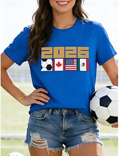  Damen T Shirt Druck Grafik Fussballteam Stilvoll Klassisch Lässig Kurzarm Rundhalsausschnitt Rundhals Normale Oberteile Lässig Täglich Blau Schwarz Weiß Rote Sommer Frühling