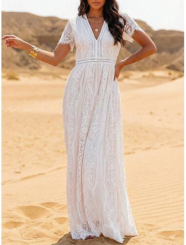  Per donna Abito maxi Abito Boho Abito in Pizzo Abito Bianco Abito Estivo Elegante Moda Spiaggia Vacanza Ferie Vestibilità regolare Semplice Manica Corta Scollo a V Bianco Estate Primavera