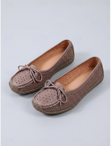  Mocasini albi cu fundă și decupaje pentru femei, pantofi casual cu talpă moale, încălțăminte confortabilă și respirabilă pentru purtare zilnică, naveta, cumpărături, călătorii, plimbări, vacanță