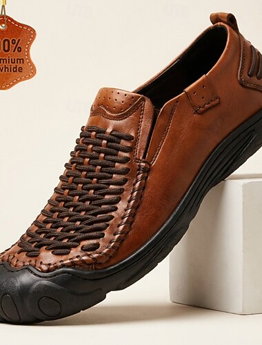  Herre premium skinnloafers i brunt, vevd, pustende sko for strandferie, utendørsaktiviteter og reiser