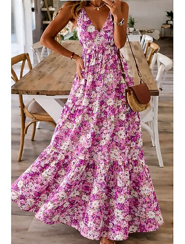  Dam Maxiklänning Boho-klänning Solklänning Vardagsklänning Etnisk klänning Elegant bohemliv Semester Strand Helgdag Datum Normal Blommig Grafisk Ärmlös V-hals Blå Rodnande Rosa Orange Grön Sommar Vår