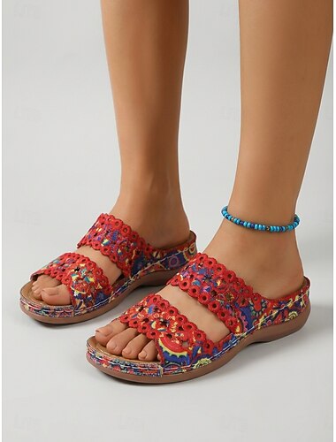  Rode dames slippers met bloemenprint – ademende, comfortabele slippers met open teen, lichtgewicht casual zomerschoenen voor vakantie, tuin en strand. &dagelijkse kleding