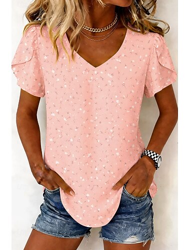  Damen Tunika Blumen Grafik Vintage Mode Stilvoll Kurzarm V Ausschnitt Normale Oberteile Täglich Ausgehen Wochenende Blau Rosa Purpur Grün Sommer Frühling