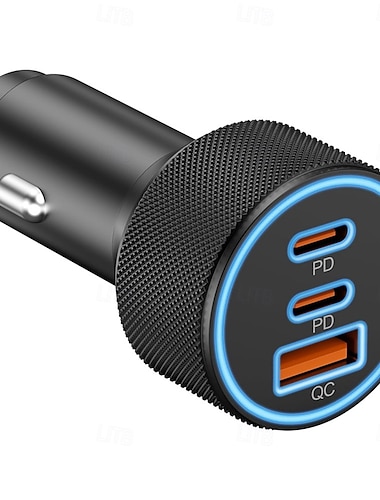  USB-C-billader, hurtiglading, 3-porters (dobbel PD-lading USB-C) &QC 3.0 USB-A) biladapter for iPhone 17 16 15 Pro Max Plus, Samsung Galaxy S26 S25 S24 Ultra Plus, iPad, Pixel, med blå LED-lysring