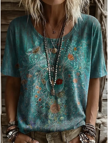  Dámské Tričko Tisk Květinový Grafika Rostliny Vinobraní stylové Na běžné nošení Krátký rukáv Do V Běžné topy Ležérní Denní Víkend Vodní modrá Světlá růžová Inkoustová modř Trávová zelená Léto Jaro