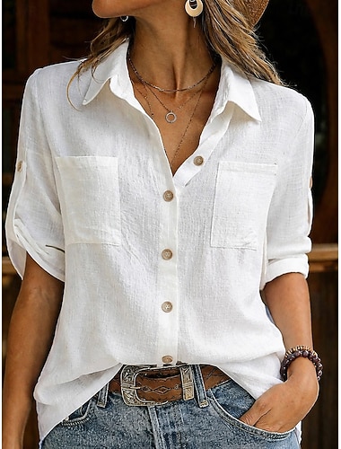  Damen Hemd Baumwoll-Leinen-Hemden Strandhemd Knopfhemd Patchwork Tasche Einfarbig Einfach Urlaub Mode Lässig Kurzarm Umlegekragen Normale Oberteile Streetwear Strand Ferien Schwarz Weiß Marineblau