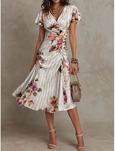  Dam Midiklänning Sheath Dress Semester party Födelsedag Fest Bröllopsgäst Födelsedag Normal Blommig Kortärmad V-hals Beige Sommar Vår