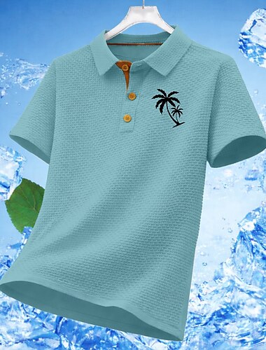  男性用 ワッフルポロシャツ テクスチャード加工 カジュアル ワーク ラペル 半袖 ベーシック 近代の ココナッツの木 ボタン 冷却 夏 春 ブルー ブラック ホワイト ネイビーブルー ダック ライトブルー ワッフルポロシャツ