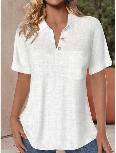  Damen Hemd Baumwoll-Leinen-Hemden Bluse Tasche Knöpfe Einfarbig Stilvoll Klassisch Modern Kurzarm V Ausschnitt Normale Oberteile Täglich Ferien Ausgehen Schwarz Weiß Aprikose Leicht Blau Sommer