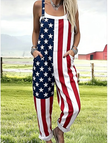  Amerikai függetlenség napja női overál aktív grafikus ujjatlan ujjatlan egyenes négyzetes nyakú foltvarrás zsebes mindennapi tengerpart bő szabású kék piros nyári