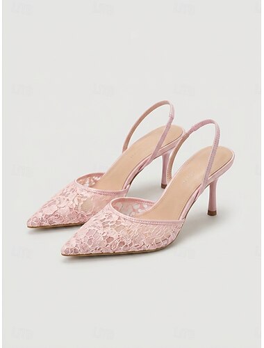  Rosa slingbackklackar i spets för kvinnor – eleganta pumps med spetsiga tår för trädgårdsbröllopsgäster &sommarfester