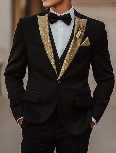  Menn Smokings Festdrakter Skoleball Fest Svart Vår, Høst, Vinter, Sommer Dress Spissjakkeslag Mote Luksus Ensfarget Standard passform 3 deler sett Enkelt Brystet Enn-knapp