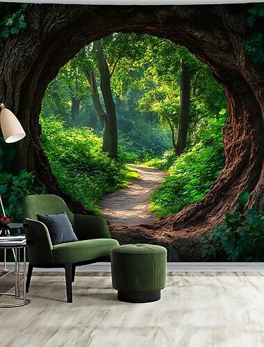  3D-skog, trädhål, väggbonad, natur, grönt trä, stig, landskap, väggbonad, solljus, skogslandskap, stor tygaffisch för vardagsrum, sovrum, läshörna, heminredning
