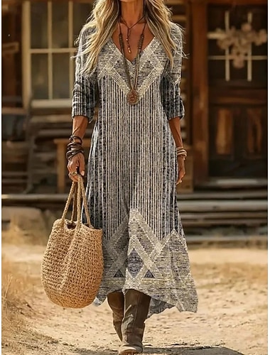  Dames Maxi-jurk Zonnejurk Zomerjurk Vakantie Casual Boho Dagelijks Strand Uitgaan Ruim Passend Bloemig Grafisch Kleurenblok Lange mouw V-hals Donker Bruin Licht Bruin Groen Zomer Lente