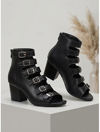  Professionele zwarte gladiatorlaarzen met hak voor dames - verfijnde sandalen met meerdere bandjes en uitgesneden details en blokhak. &Verstelbare gespen voor kantoorwerk, zakelijke casual stijl