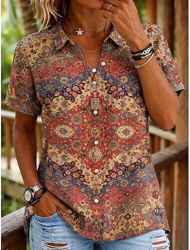  Dame Skjorte Knapper Trykt mønster Grafisk Geometrisk Årgang Stilfull Moderne Kortermet Skjortekrage Vanlige topper Daglig Kontor Blå Oransje Sommer Vår