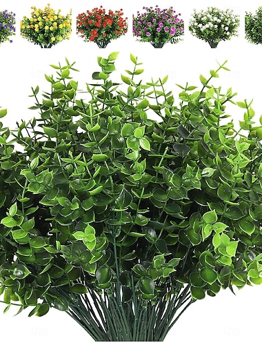 8 mazzi di piante di bosso artificiali per esterni, piante primaverili finte resistenti ai raggi UV, arbusti artificiali per esterni, steli di verde, fiori per esterni che sembrano veri, eucalipto