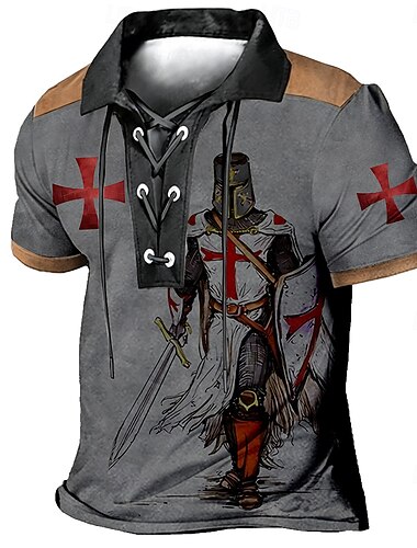  男性用 テンプル騎士団 ポロシャツ 半袖 ポロシャツ ラペル ヴィンテージ カジュアル ストリートウェア デイリーウェア 3Dプリント 高通気性メッシュ 春夏 春 ブルー ブラウン グリーン