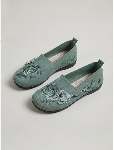  Gröna broderade stickade damskor med vid passform – andningsbara slip-on-komfortskor, lätta, avslappnade promenadskor för dagligt bruk &resa