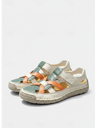  Damesandaler med farveblok – bløde, polstrede, flade sandaler med åndbart udskæringsdesign til kvinder, hverdagsbrug, rejser, udendørs gåture, have &sommerferie