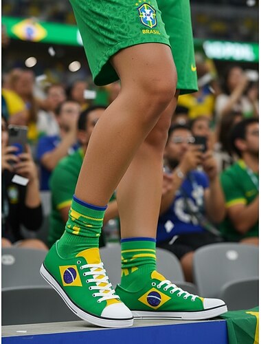  Damesko i lerret for fotballfans – snøresko i brasilianske farger for kampdag, sportsarrangementer, streetwear og hverdagsbruk