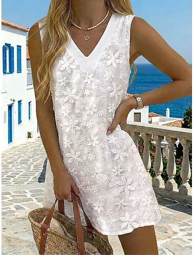  Per donna Mini abito Abito in pizzo bianco Elegante Moda Spiaggia Vacanza Ferie Vestibilità regolare Floreale Senza Maniche Scollo a V Bianco Estate Primavera