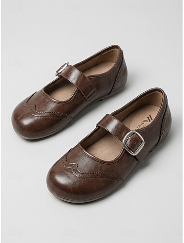  أحذية نسائية كلاسيكية بنية اللون بنمط بروغ ماري جين - أحذية مريحة ذات مقدمة مستديرة وحزام بإبزيم &تفاصيل مقدمة الجناح مناسبة للمكتب اليومي والمشي غير الرسمي &طراز أكاديمي عتيق