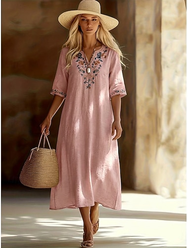  בגדי ריקוד נשים שמלת מידי שמלת קז'ואל שמלת פשתן דמוי עור אלגנטית אופנתי מודרני בָּחוּץ חופשה ליציאה רגיל פרחוני חצי שרוול צווארון V ורוד מסמיק קיץ אביב