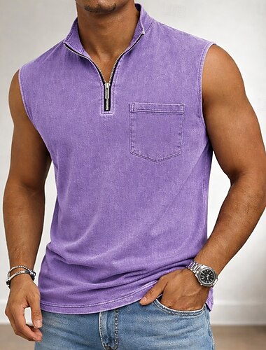  Herr Pikétröjor Tvätta skjorta i 100 % bomull Ledigt Helgdag Kinakrage Ärmlös Mode Grundläggande Slät Årgång Bedrövad Vår & sommar Blå Rodnande Rosa Purpur Grå Pikétröjor