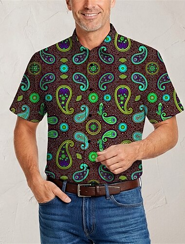 Retro / vintage Hippie 1970erne قميص Korte ermer Hippie Paisly Kostyme Herre musikk festival Fest Dagligdagstøy Voksne Trøye Vår sommer