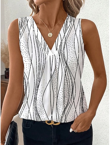  Damen Tank Top Grafik Geometrisch Abstrakt Elegant Vintage Stilvoll Ärmellos V Ausschnitt Normale Oberteile Täglich Weiß Grün Sommer Frühling