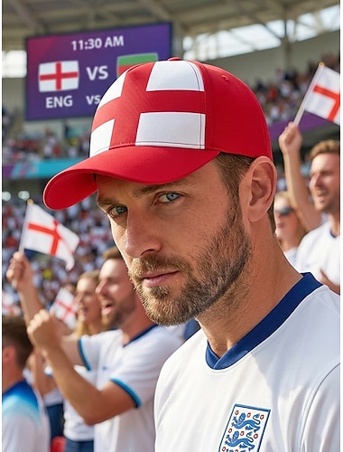  Heren baseballpet van polyester in de kleuren van de Engelse vlag, verstelbare pasvorm, voetbalfanpet voor wedstrijddagen, voetbalevenementen, casual sportkleding en dagelijkse buitenkleding.