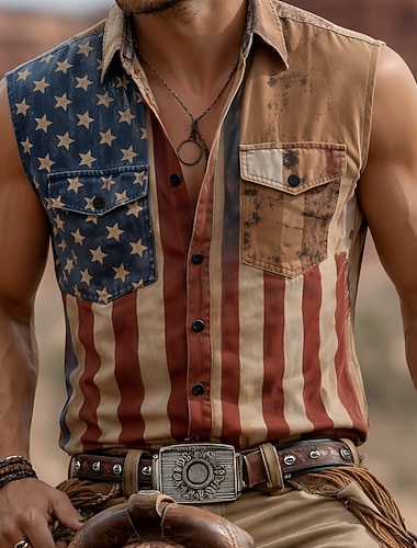  Herren US Flagge 250. Jahrestag der Vereinigten Staaten Hemd Knopfhemd Ärmelloses Shirt Ärmellos Patriotisch Ferien Sommer Frühling Umlegekragen Zwei Fronttaschen Weiß Braun Khaki
