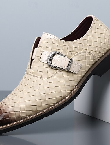  herresko i beige vevd munkestropper med spiss tå, formelle forretningssko i skinn til bryllup, kontor, banketter, fester, brudgomsklær og elegant gentleman-stil