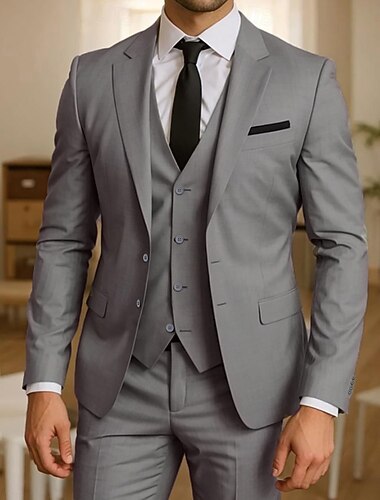  Herren Anzüge Geschäft Hochzeit Hell Gray Frühling, Herbst, Winter, Sommer Anzug Mode Formell Einfarbig Schmale Passform 3-teilig Einreihige Zwei-Knopf-Jacke