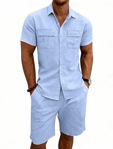  Herren Leinenhemd Zweiteilig Hemd Set Und Shorts Leinenshorts Strandshorts Set Einfach Täglich Outdoor Urlaub Umlegekragen Kurzarm Sommer Mode Lässig Bequem Bekleidung